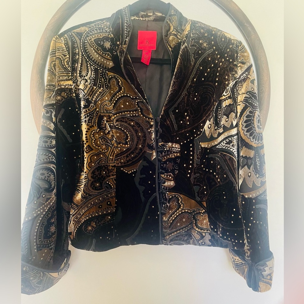 JS Collections Black and Gold Velvet Paisley Blazer with Stud Details